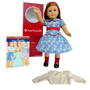 American Girl Emily Doll Meet Outfit Dress Headband Socks Shoes Sweater Book Box